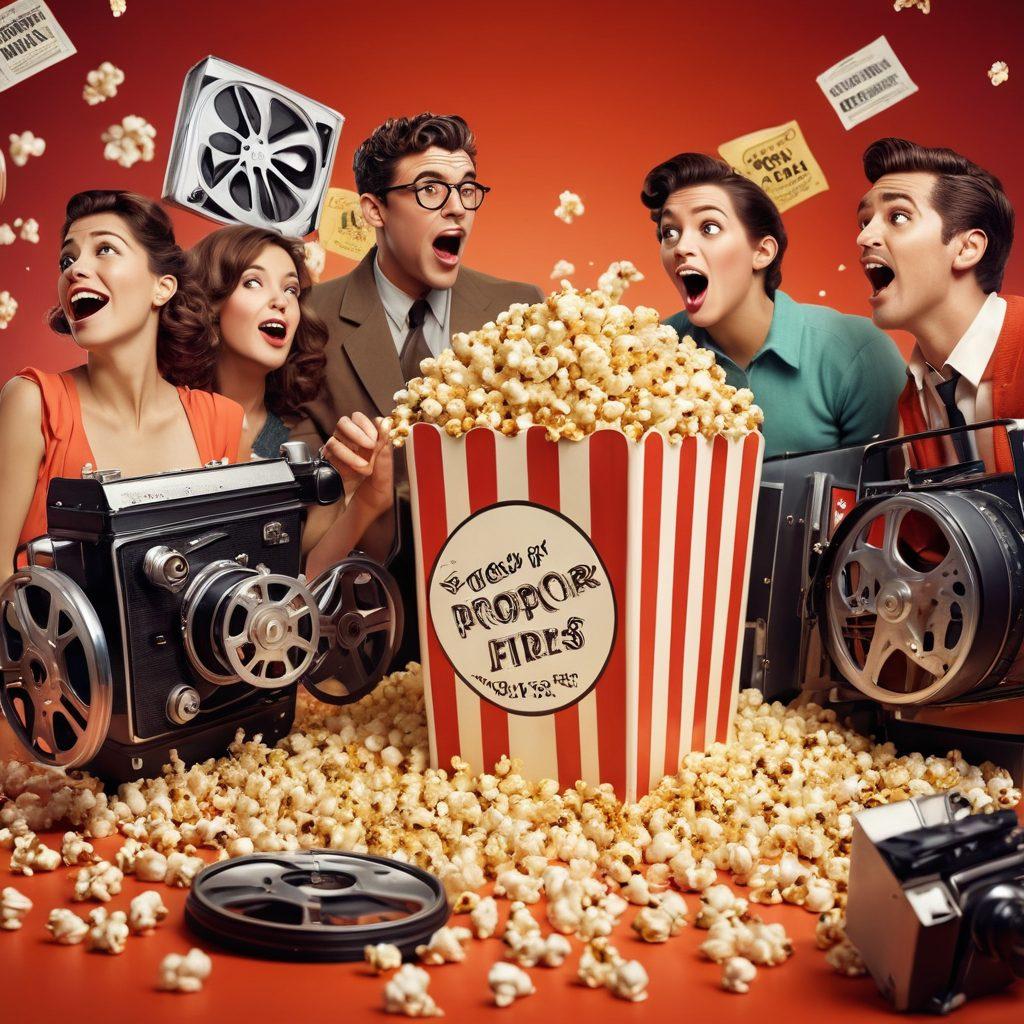 A dynamic scene depicting a diverse group of film lovers passionately engaged in a discussion, surrounded by posters of classic and modern films, popcorn spilling around, and a vintage film camera in the foreground. Emphasize their animated expressions and gestures, with vibrant film reel elements flowing through the air. super-realistic. vibrant colors. 3D.