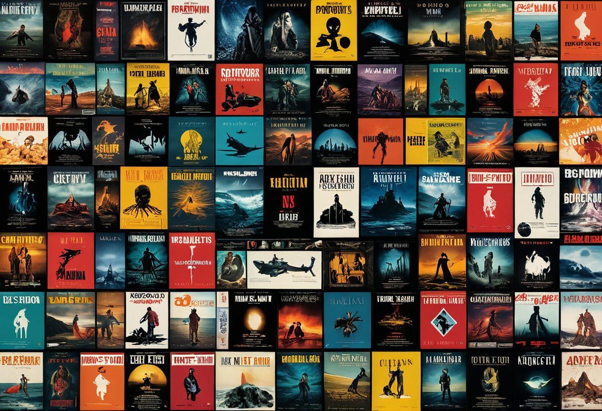 A visually captivating collage of iconic DVD covers from various film genres, including horror, sci-fi, and classic cinema, layered against a deep ocean backdrop symbolizing 'diving deep.' Include hints of film reels and popcorn for a nostalgic touch. The colors should be vibrant and engaging, attracting passionate film enthusiasts. Cinematic lighting and a touch of water texture will create an immersive feel. vibrant colors. 3D. cinematic.